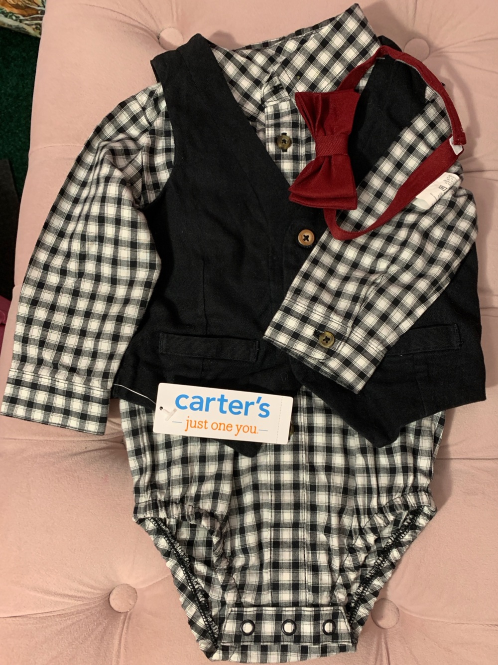 Carter's Black and White Plaid Onesie with Red Bow Tie Accent and Pants - Picture 1 of 7